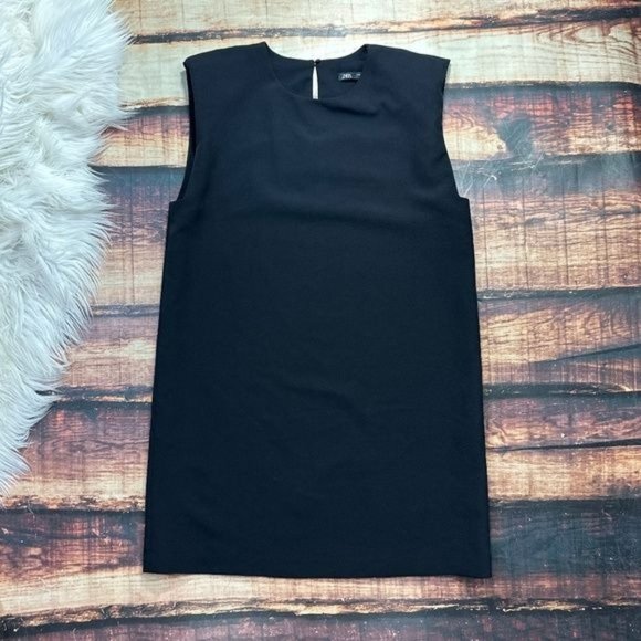 RELISTED  Zara Black Shoulder Pad Tank Dress Sleeveless Loose Dress - Picture 3 of 8